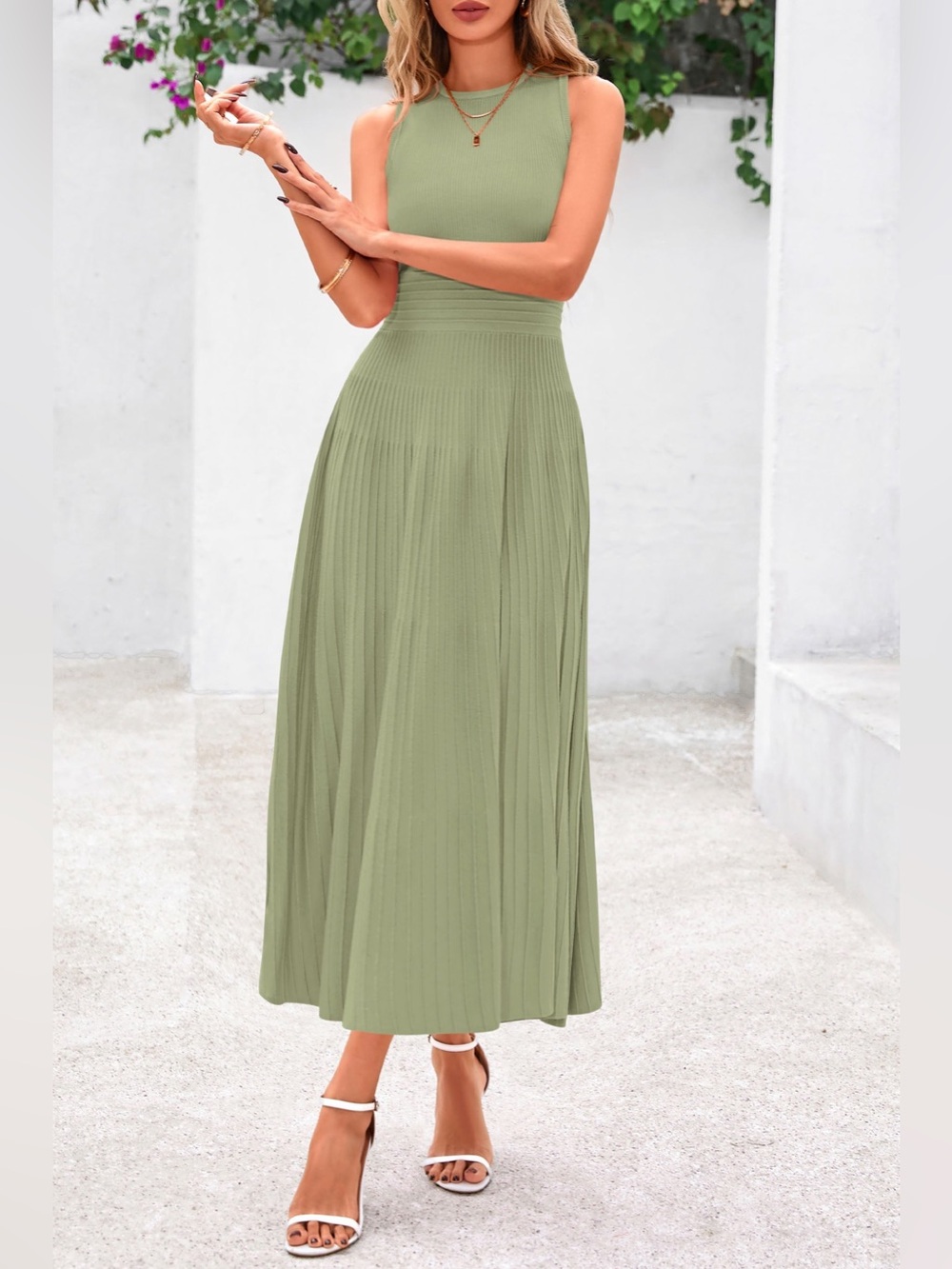 PRETTYGARDEN | Sage Green Sleeveless Knit A Line Pleated Dress